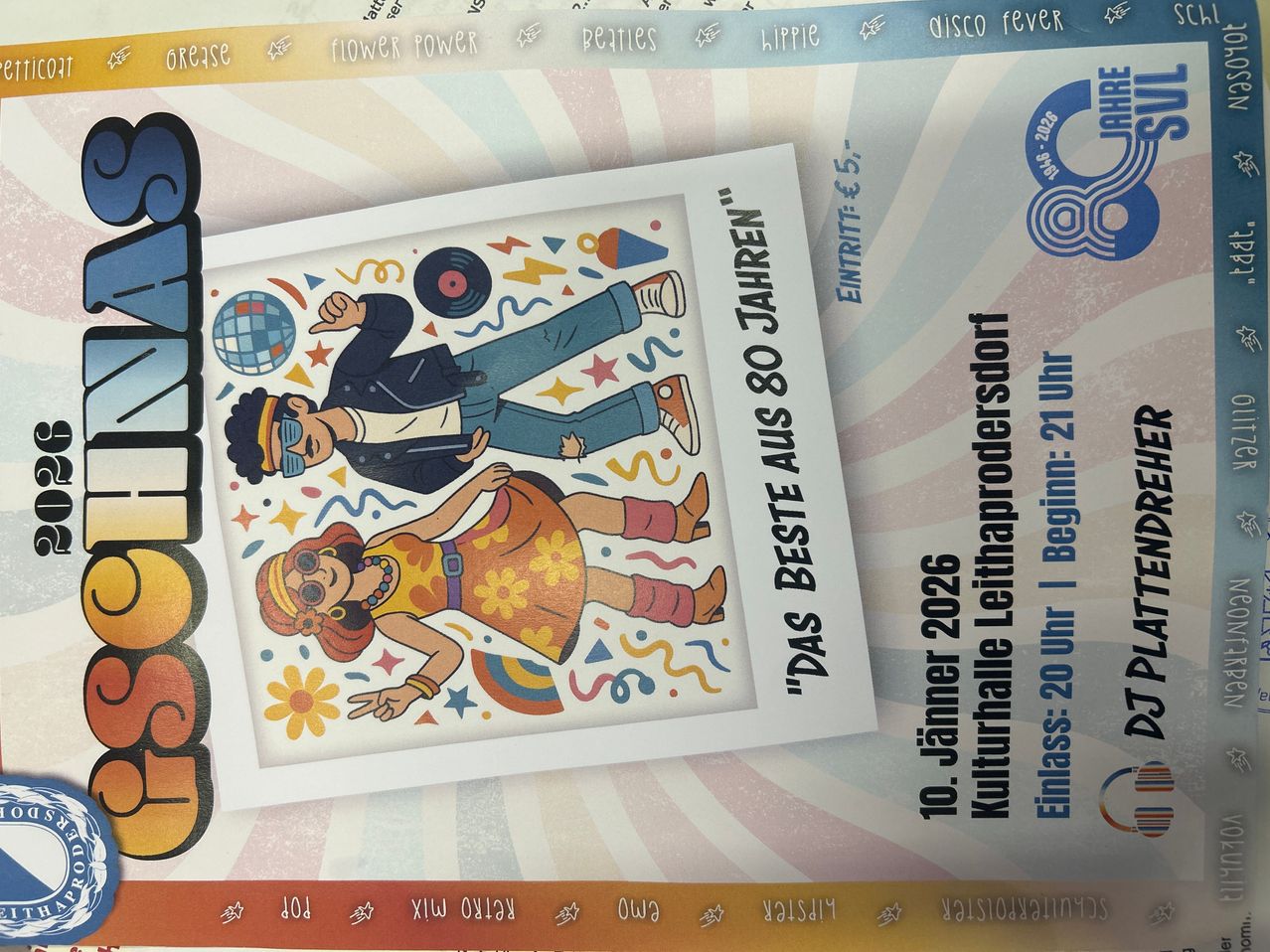 Ein Plakat, das ein Event zum 80-jährigen Jubiläum der Disco feiert. Es zeigt eine lebhafte Illustration eines tanzenden Mannes und einer Frau, umgeben von Retro-Grafiken.