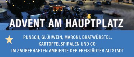 Poster advertising Advent at the main square in a city. Features dates and times for the event with drinks and food like mulled wine and bratwurst.