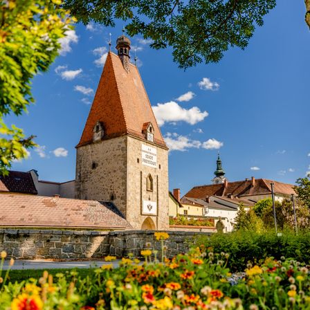 Ein steinerner Turm mit einem roten Dach und einem Schild mit der Aufschrift Stadt Freystadt steht prominent in einer Stadt, umgeben von Blumen, Bäumen und Gebäuden unter einem blauen Himmel.