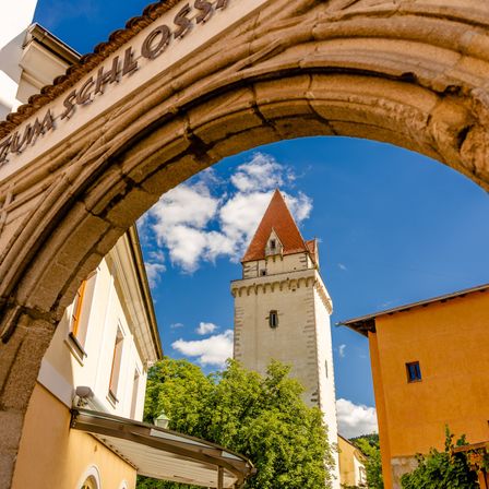 Ein Turm mit rotem Dach ist durch einen Bogen zu sehen. Er ist von Bäumen und Gebäuden umgeben. Der Himmel ist blau mit einigen Wolken.