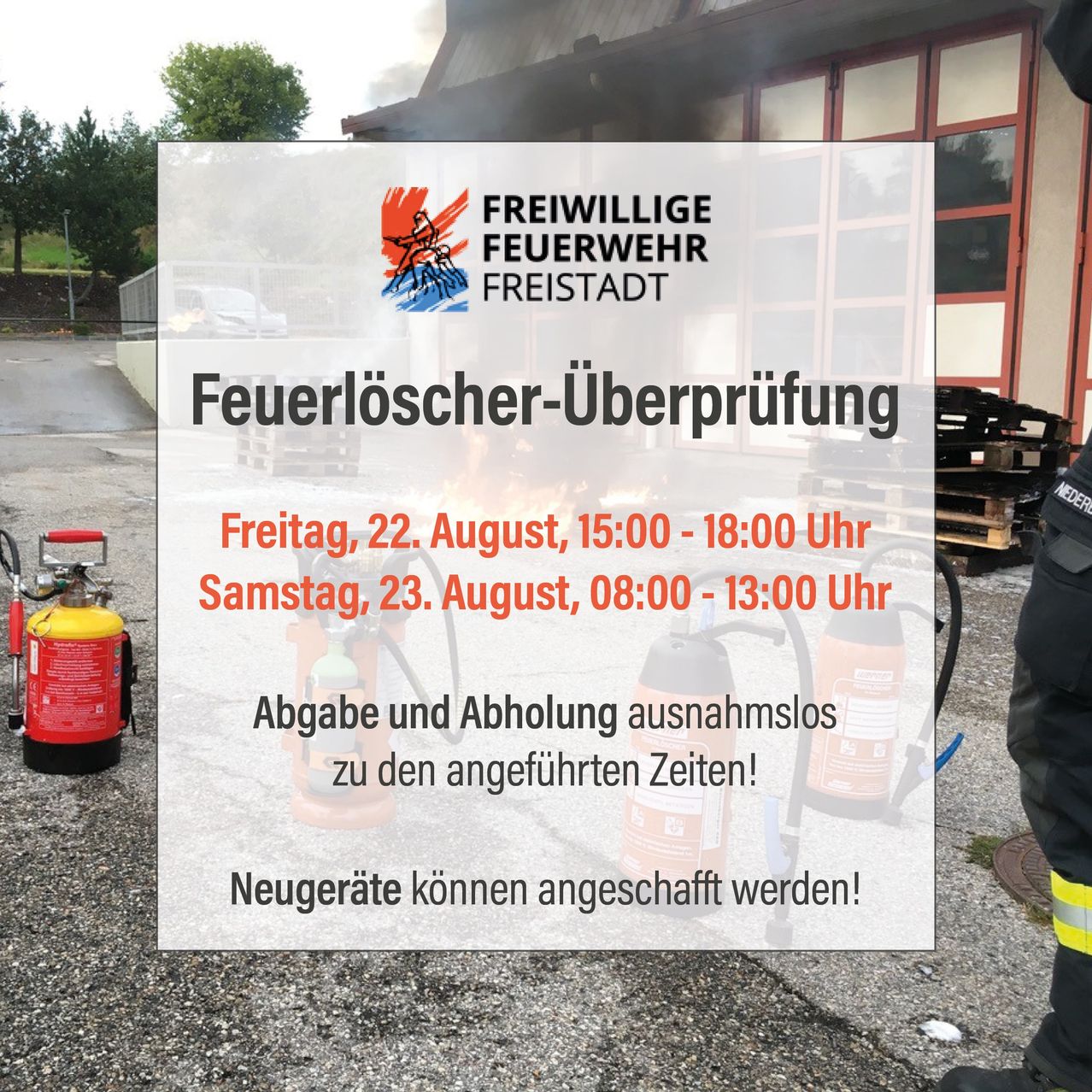 Plakat für Feuerlöscher-Überprüfung am 22. und 23. August. Neue Geräte erhältlich.