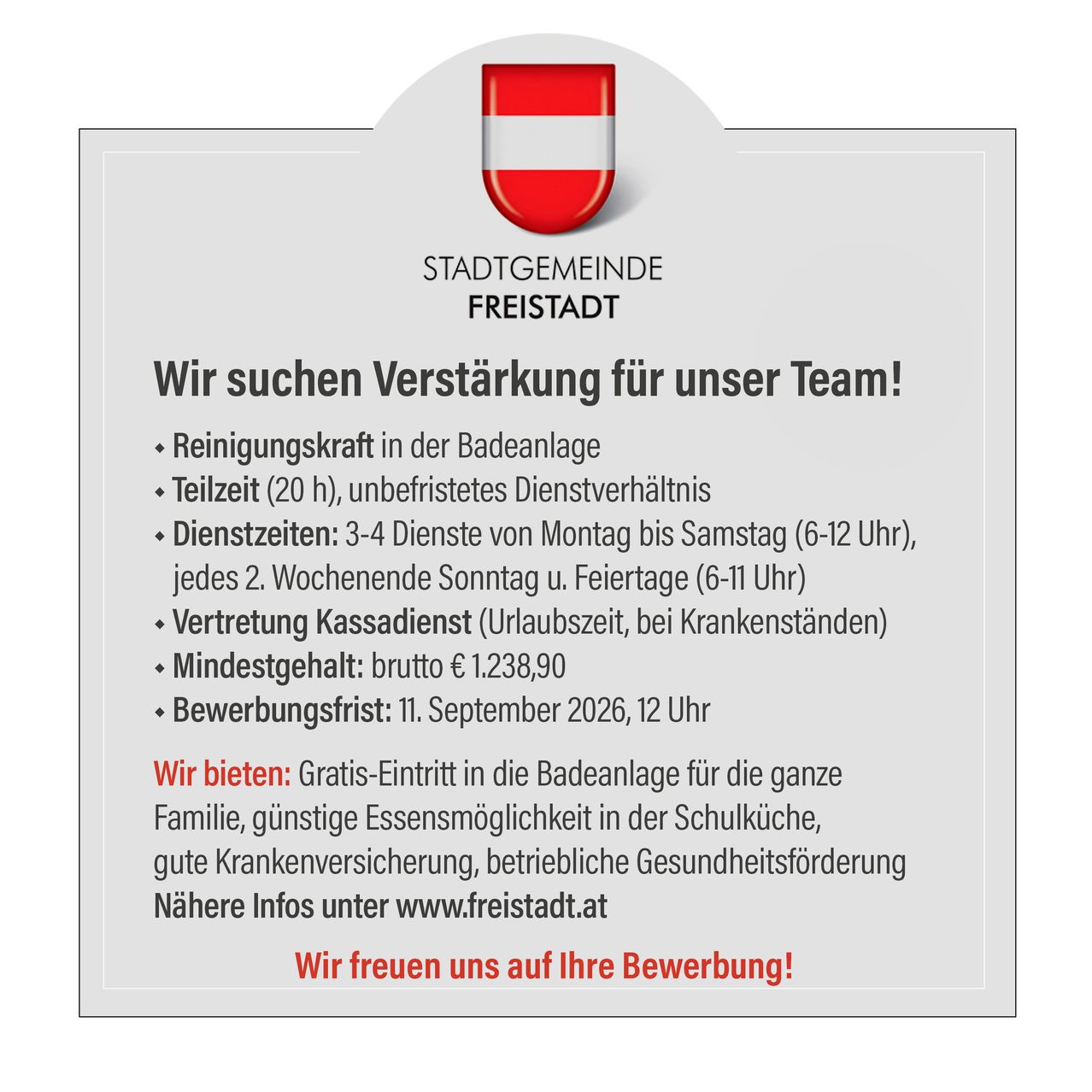 A job advertisement for a cleaning staff position in Freistadt, Austria. It offers a full-time position with flexible hours, a minimum salary, and various benefits. The deadline for applications is September 11, 2026.