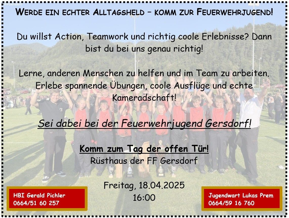 Poster für eine Jugendveranstaltung der Feuerwehrjugend Gersdorff, mit einer Gruppe junger Menschen, die die Hände heben. Das Poster enthält Datum, Uhrzeit und Kontaktdaten.