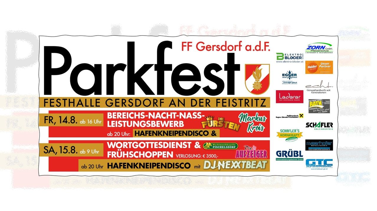 Poster for FF Gersdorf a.d.F. Darkfest event featuring various activities and sponsors. Times and activities listed.