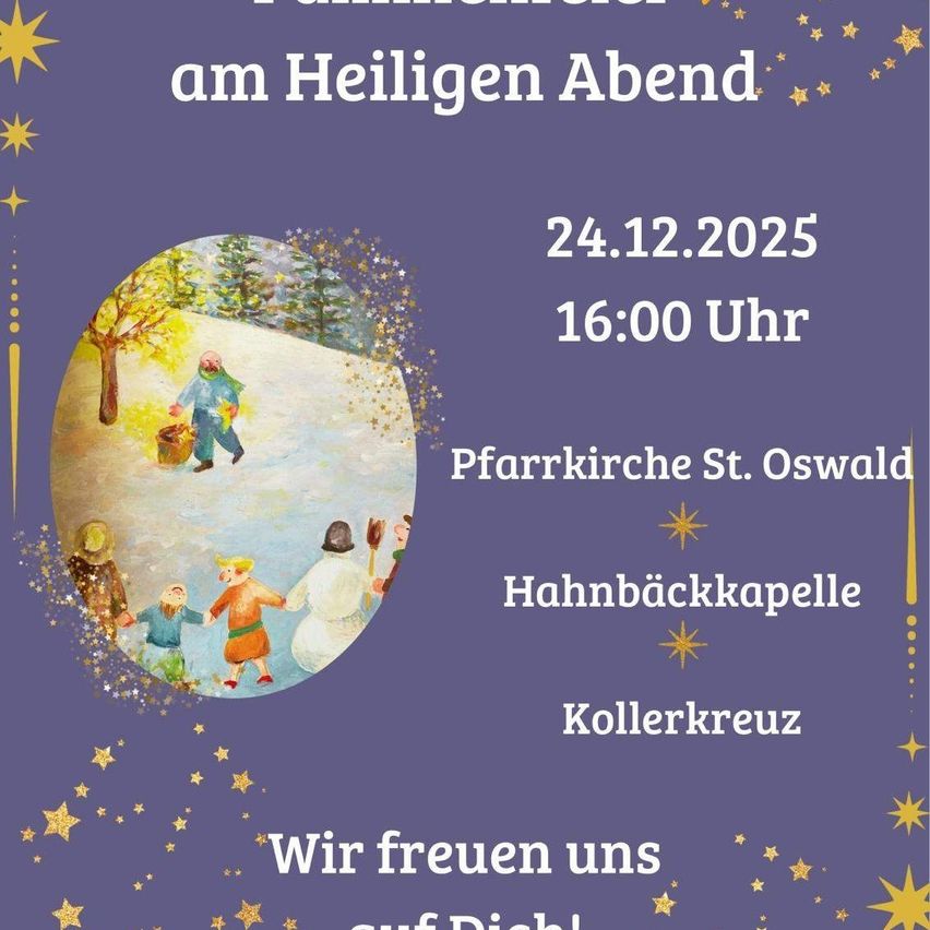Plakat für eine Veranstaltung am 24. Dezember 2025 um 16 Uhr. Es zeigt eine verschneite Szene mit Menschen in Winterkleidung, einer Kirche und einem Schneemann.