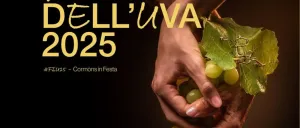 Eine Hand hält Trauben, der Text lautet 'FESTA DELL'UVA 2025' mit einem Blatt und den Worten 'FEUS - Cormons in Festa'. Der Hintergrund ist dunkel.