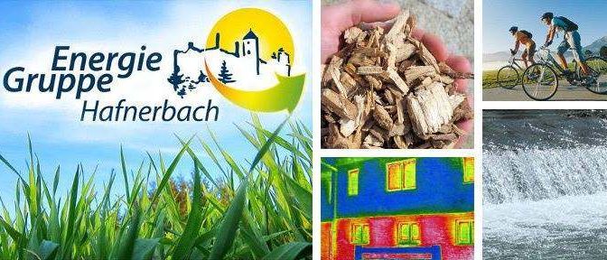 Eine Collage mit vier Bildern: ein Logo für Energie upping Hafnerbach, eine Hand mit Holzspänen, zwei Radfahrer und eine Windturbine.