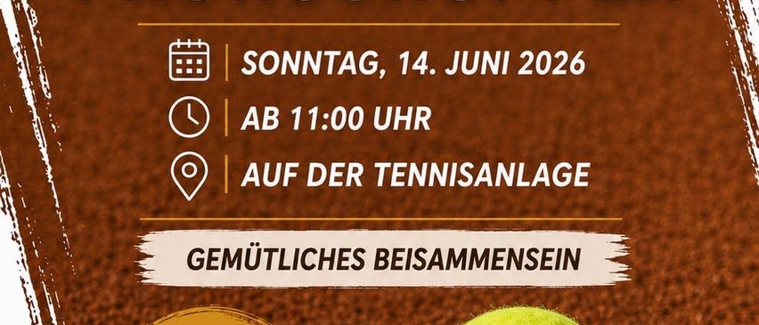 Poster for Fruhschoppnen, a family event on June 14, 2026, starting at 11 AM at a tennis court, featuring a tennis ball and a castle logo.