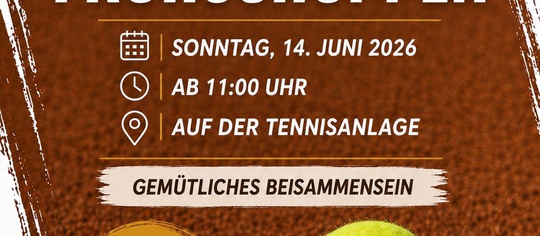 Plakat für Fruhschoppnen, eine Familienveranstaltung am 14. Juni 2026, ab 11 Uhr auf einem Tennisplatz, mit einem Tennisball und einem Burglogo.