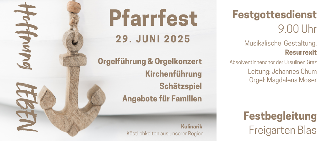 Plakat für das Pfarrfest am 29. Juni 2025 mit einer Orgel und lokalen Köstlichkeiten. Aktivitäten umfassen eine Orgelführung, Konzert, Schatzsuche und Familienangebote.