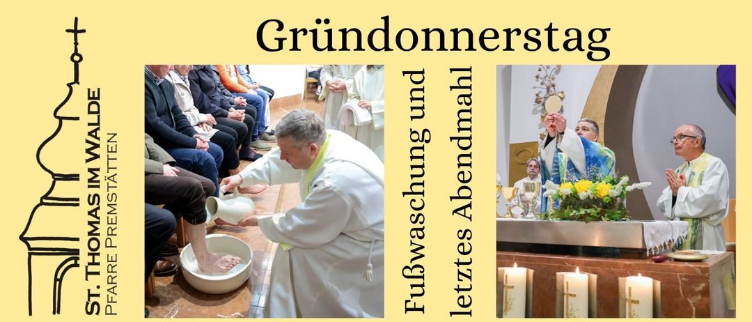 Ein Priester wäscht jemandem die Füße. Ein anderer Priester feiert die Messe am Altar. Der Ort scheint eine Kirche zu sein.