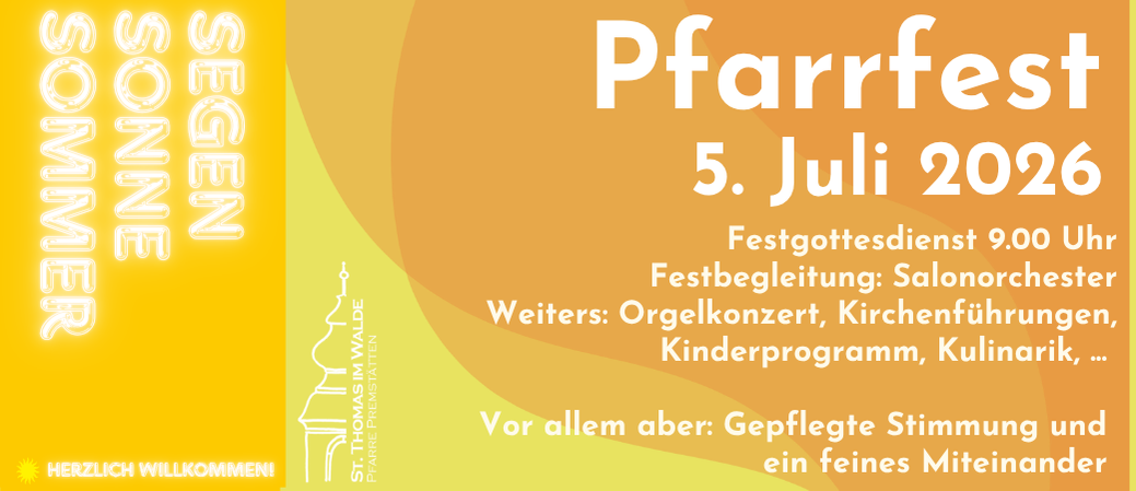 Eine Werbung für ein Fest beinhaltet das Datum, 5. Juli, und erwähnt eine festliche Messe, Orgelkonzert, Kirchenmusik, Kinderprogramm und feines Essen.