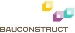 Das Bauconstruct-Logo zeigt einen weißen Hintergrund mit drei farbigen Würfeln und Quadraten in Gelb, Blau und Lila. Der Text 'BAUCUNSTRCT' ist in fetter, dunkelbrauner Schrift geschrieben.