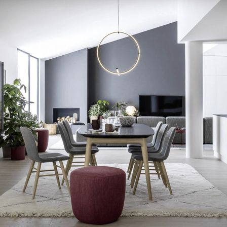 Ein modernes Esszimmer mit einer runden Lampe über einem Tisch und Stühlen. Topfpflanzen und ein Fernseher sind im Hintergrund.