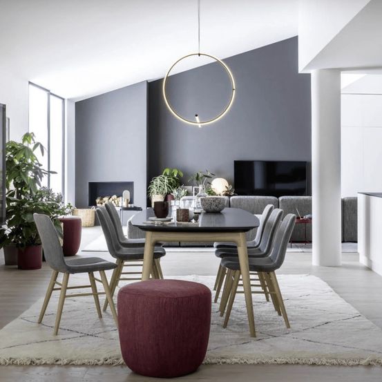 Ein modernes Esszimmer mit einer runden Lampe über einem Tisch und Stühlen. Topfpflanzen und ein Fernseher sind im Hintergrund.