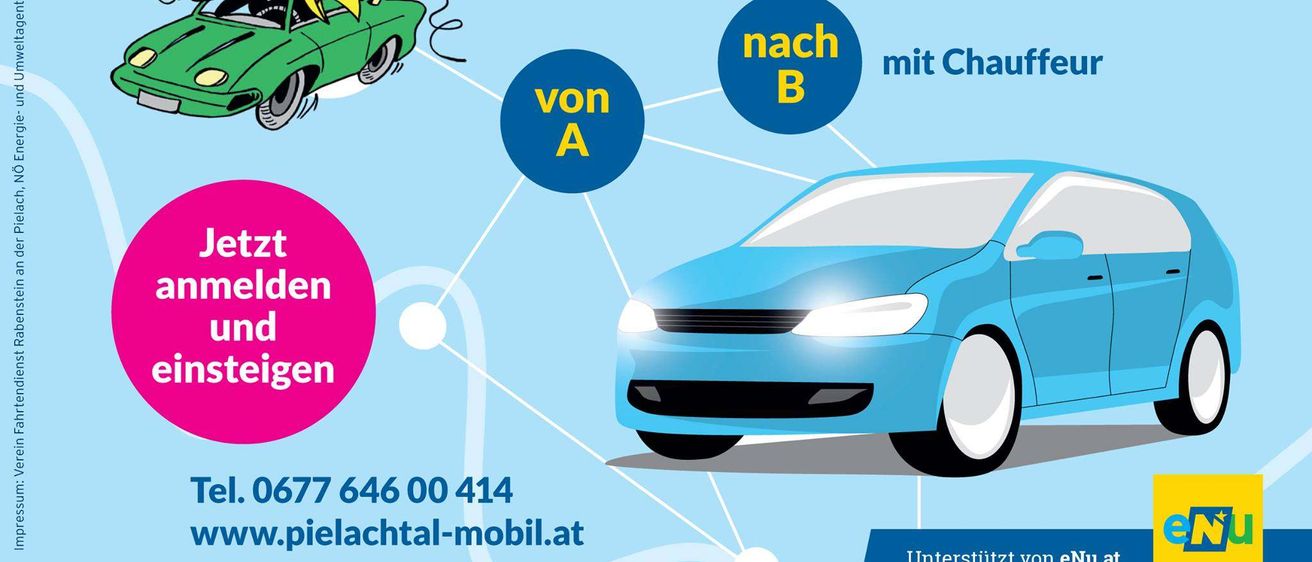 Werbeanzeige für einen Elektrofahrzeug-Service in Rabenstein, zeigt einen Cartoon eines Autos mit einem Vogel, einem blauen Auto und Kontaktdaten.