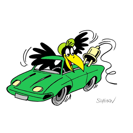 Ein gezeichneter Vogel fährt ein grünes Auto mit einem Stecker an der Seite, rast mit einem gelben Schnabel und schwarzen Flügeln.