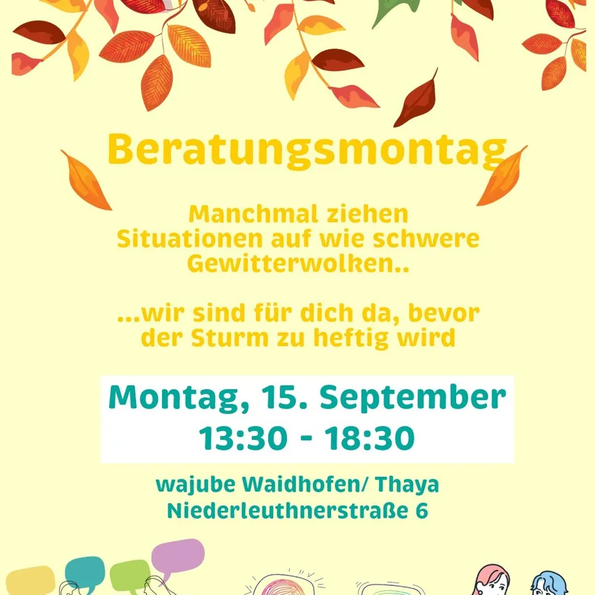 Ein Poster für 'Beratungsmontag' am 15. September, von 13:30 bis 18:30 Uhr. Das Poster enthält Illustrationen von Menschen und Sprechblasen. Es ist auf Deutsch geschrieben.