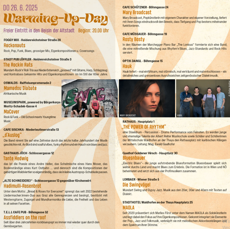 Ein Flyer für das Warming-Up-Day-Event am 26. Juni 2025 mit Bands wie The Rockin' Rats, Mamadou Diabate und Gasthof Golden Hirsch. Das Event bietet freien Eintritt, eine Bandaufstellung und ein vielfältiges Musikprogramm.