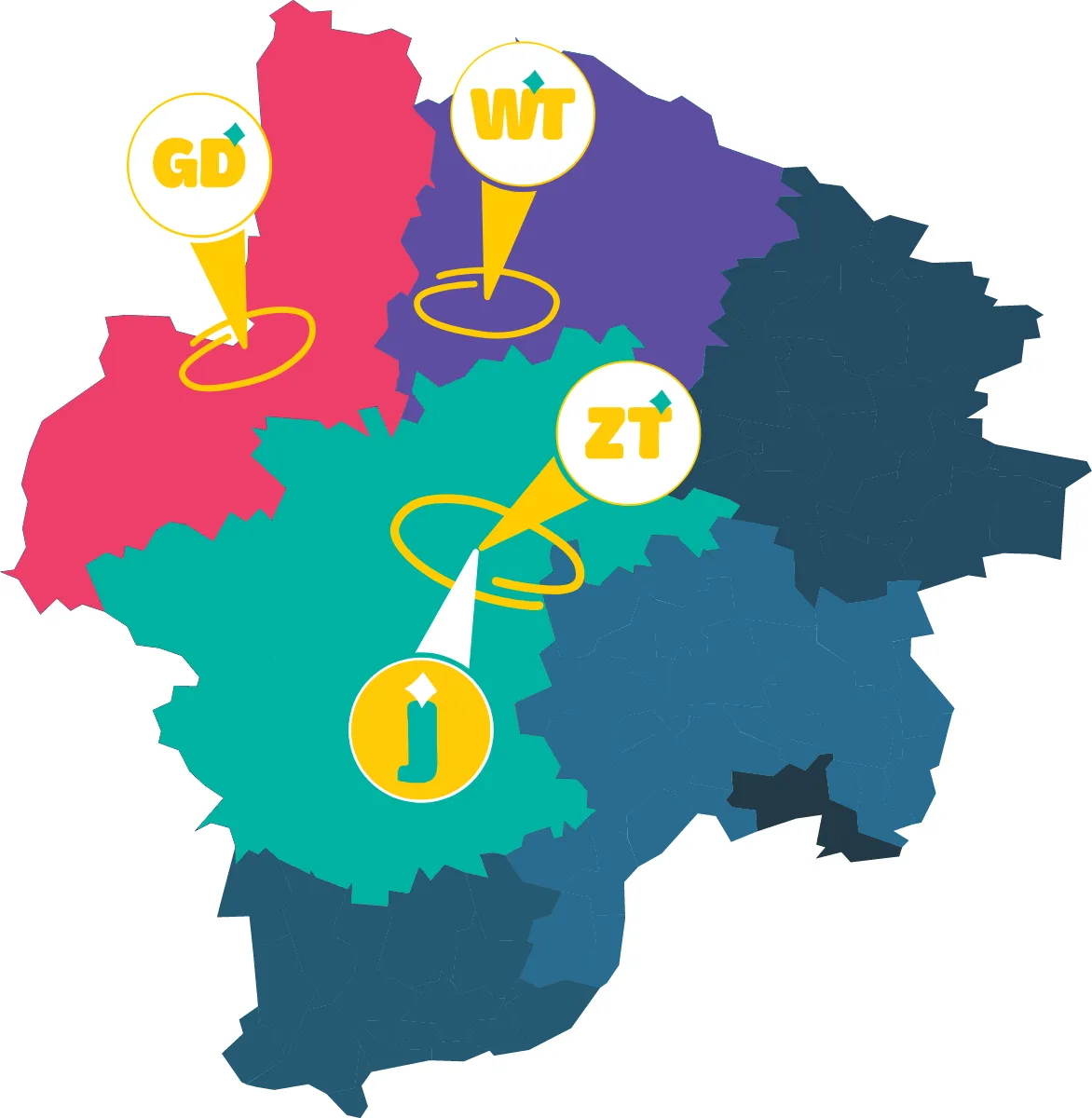 Eine Karte zeigt vier Regionen mit unterschiedlich farbigen Markierungen, die GD, WT, ZT und J bezeichnen. Jede Region hat eine eigene Farbe, und die Markierungen sind zentral in ihren jeweiligen Bereichen platziert.