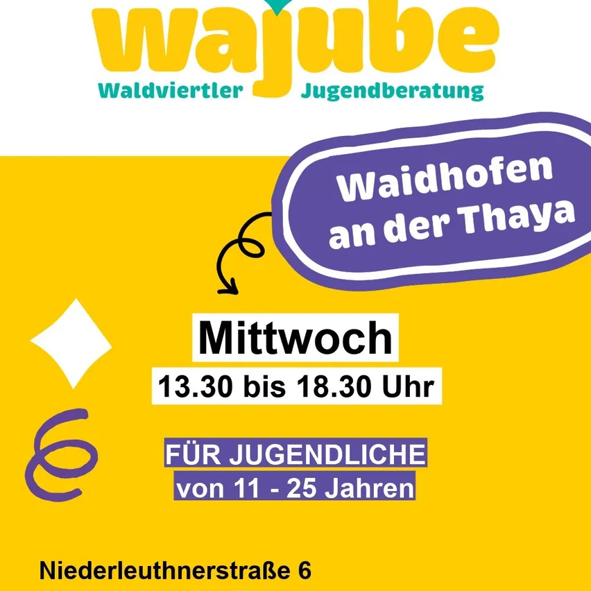 Waijube Jugendberatung in Waidhofen an der Thaya. Treffen jeden Mittwoch von 13:30 bis 18:30 Uhr für Jugendliche von 11 bis 25 Jahren. Adresse: Niederleuthnerstrasse 6.