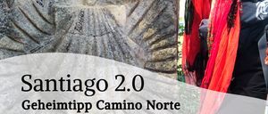 Plakat für die Veranstaltung Santiago 2.0. Eine Frau mit einem Schal steht neben einer Steinskulptur. Datum: 25. März 2026. Zeit: 10:00 im Pfarrheim St. Martin.