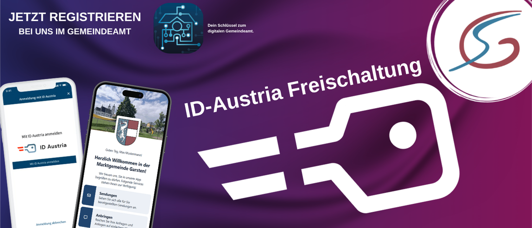 Ein Bild mit 'ID-Austria Freischaltung' im Vordergrund. Ein Smartphone zeigt die App-Oberfläche. Der Hintergrund ist lila mit einem Symbol eines digitalen Hauses.
