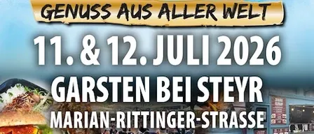 Werbeposter für die Veranstaltung 'Genuss aus aller Welt' am 11. und 12. Juli 2026 in Garsten bei Steyr, mit Burger, Salat und Menschen beim Essen.