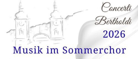 Ein Banner für das Konzert Bertholdi 2026, mit einer Skizze einer Kirche mit zwei Türmen und einer Uhr, vor weißem Hintergrund mit blauem Text.