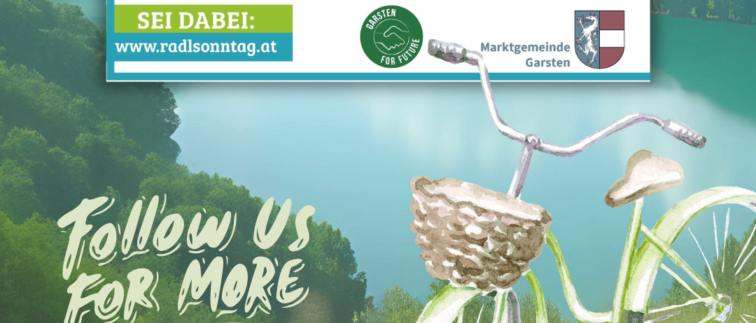 Plakat für Radsonntag in Garsten, Österreich, geplant für den 20. September 2026. Zeigt ein Fahrrad, eine Karte und verschiedene Aktivitäten wie Fahrradsegnung, Fahrradfahrt und Live-Musik. Die Veranstaltung ist Teil der Europäischen Mobilitätswoche.