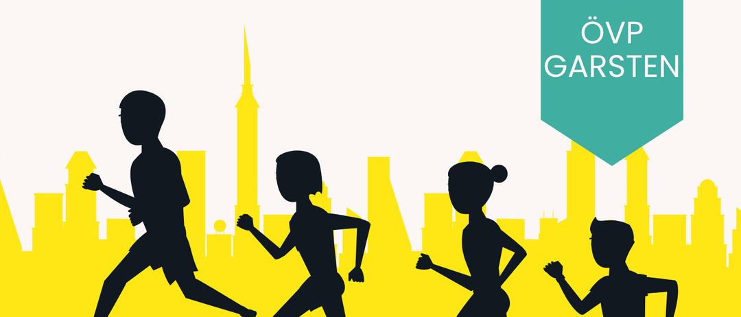 Plakat für das Garstner Familienfest mit Kinderlauf am 12. September 2026. Die Veranstaltung beginnt um 14:00 Uhr und zeigt Silhouetten von Läufern vor einer Stadtlandschaft.