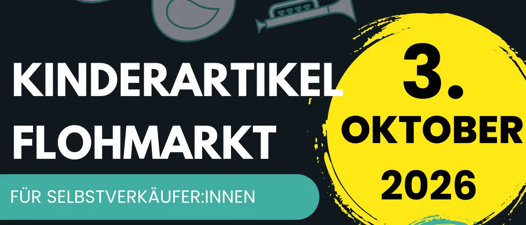 Plakat für die Kinderartikel Flohmarkt Veranstaltung am 3. Oktober 2026 im Garsten-Veranstaltungsort, mit Anmeldeinformationen und einem fröhlichen Shopping-Buffet.