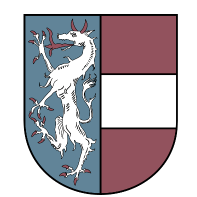 Ein heraldischer Schild, der in zwei Bereiche unterteilt ist. Die linke Seite ist blau mit einem weißen Drachen. Die rechte Seite ist in einen roten oberen und weißen unteren Teil unterteilt.
