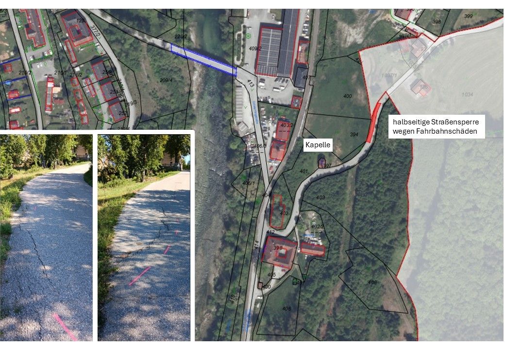 Eine Karte, die eine Straße mit einem Gehweg und einem Parkplatz mit mehreren Gebäuden zeigt. Die Karte enthält auch eine Nahaufnahme des Gehwegs mit Rissen.