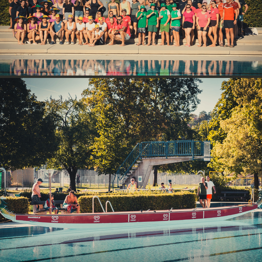 Eine Gruppe von Menschen in grünen und roten Shirts posiert für ein Foto in der Nähe eines Pools. Unten ist ein rotes Boot am Poolrand verankert.