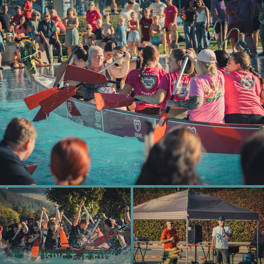 Eine Gruppe von Frauen in rosa Shirts paddelt ein rotes Boot in einem Pool, während Zuschauer zusehen. In einer anderen Szene paddelt eine Gruppe von Menschen ein Boot auf einem Fluss.