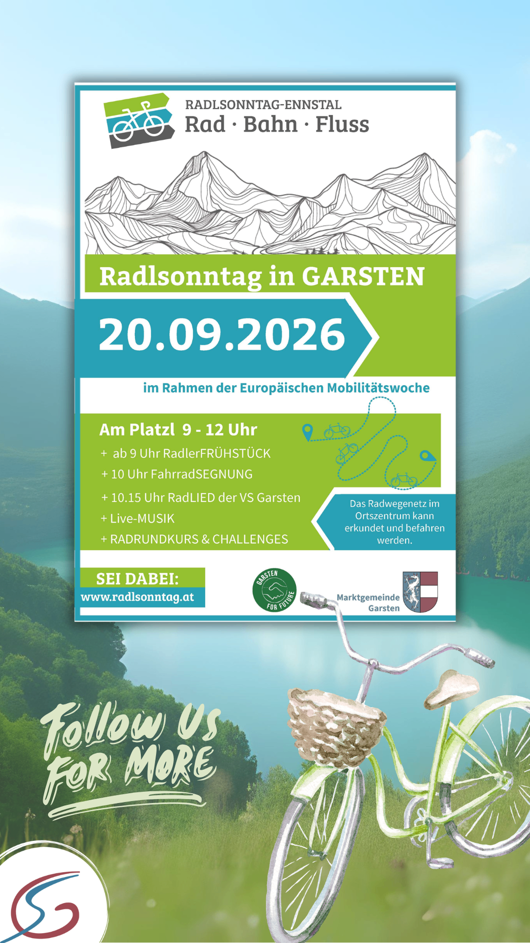 Plakat für den Radsonntag in Garsten, Österreich, am 20. September 2026. Zum Programm gehören eine Fahrradtour ab 9 Uhr, eine Fahrradsegnung um 10 Uhr, ein Fahrradrennen um 10:15 Uhr, Live-Musik und eine Fahrradtour. Weitere Informationen finden Sie unter www.radsonntag.at.