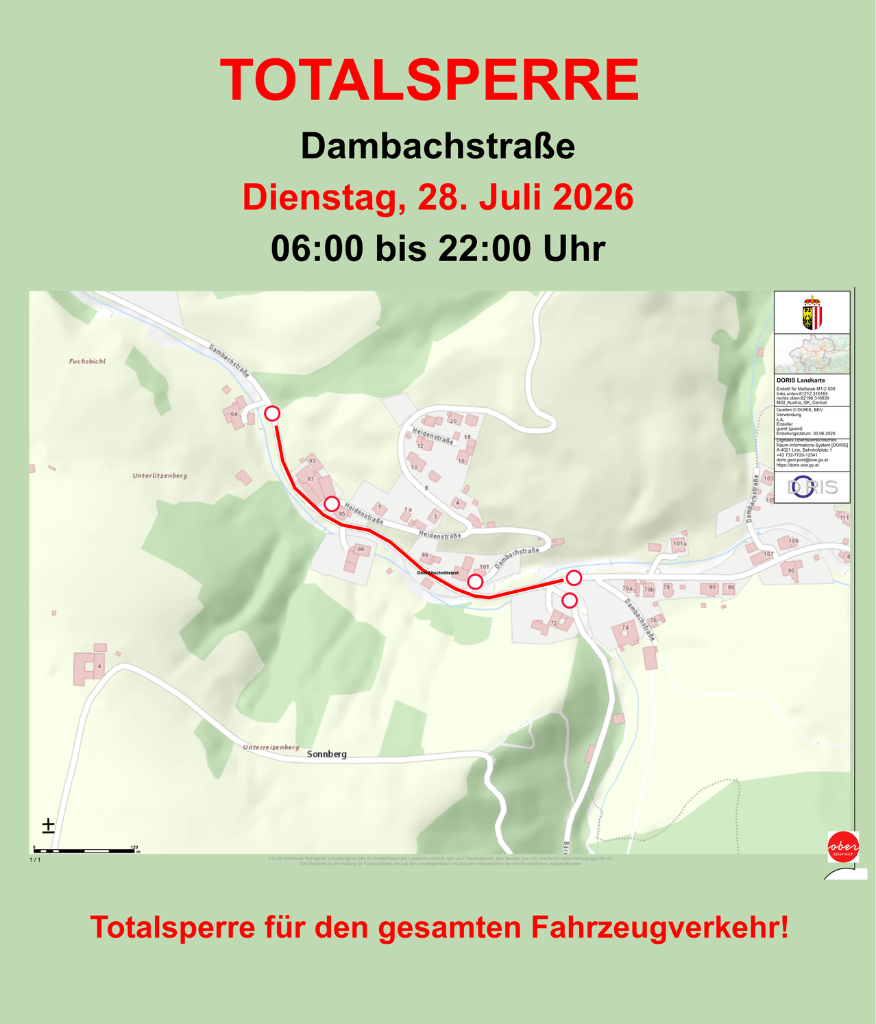 The image shows a map with a red line indicating a total vehicle ban on Dambachstrasse on July 28, 2026, from 06:00 to 22:00.
