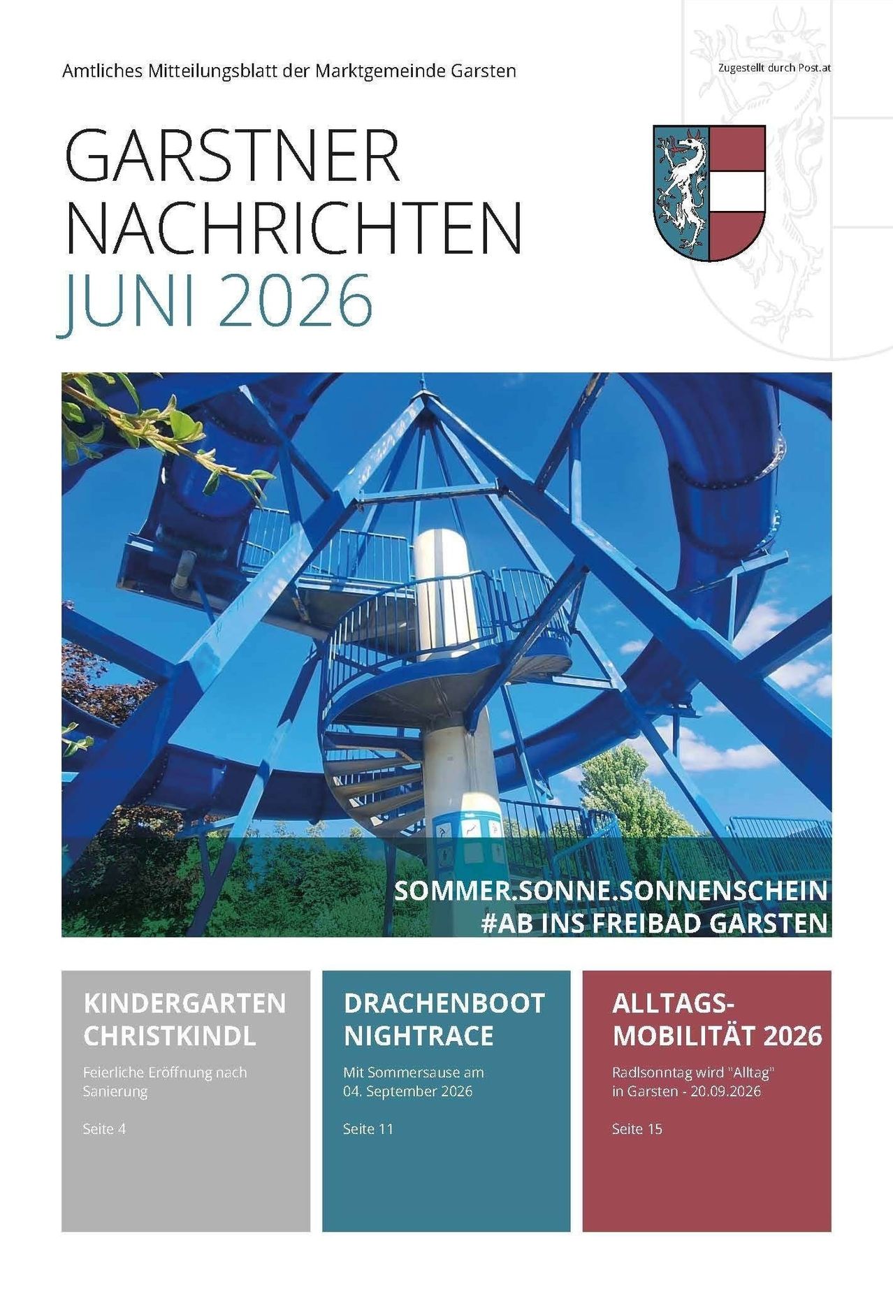 June 2026 news announcement featuring a blue water slide, kindergarten Christkindl opening, and Drachenboot Nightrace event. The slide is under a blue sky with clouds, and the Drachenboot Nightrace is held on September 4th.