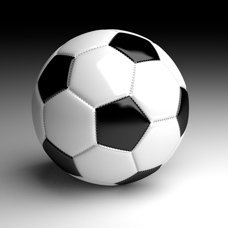 Ein schwarz-weißer Fußball mit sechseckigen und fünfeckigen Flächen steht auf einem grauen Hintergrund.