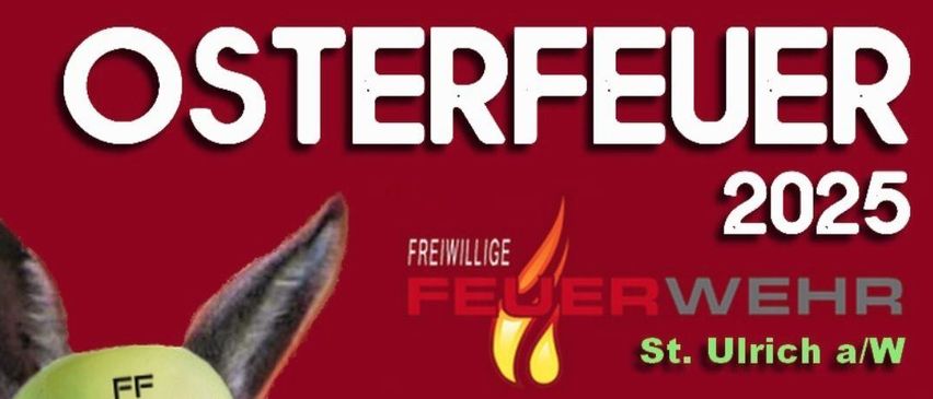 Plakat für das Osterfeuer-Event 2025. Ein Kaninchen in einem Feuerwehrhelm mit Flammen im Hintergrund. Datum und Uhrzeit sind der 19. April 2025, Beginn um 18 Uhr. QR-Code für weitere Informationen.