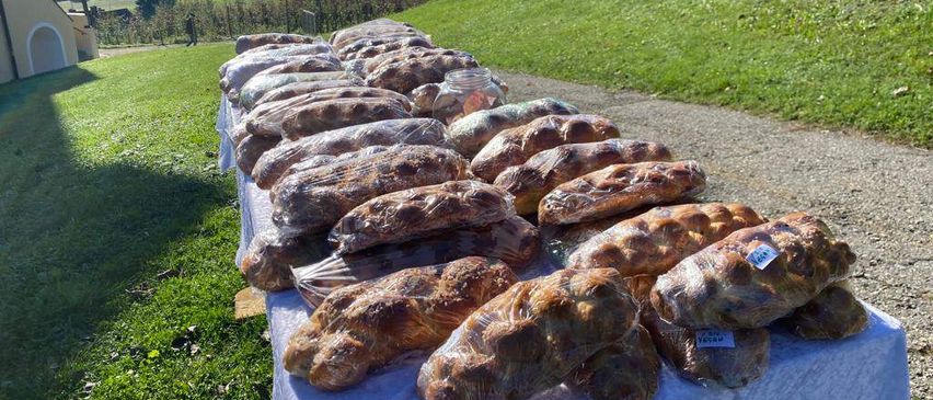 Ein langer Tisch, der mit einem weißen Tuch bedeckt ist, hält zahlreiche Brote, die in Plastik eingewickelt sind. Die Umgebung ist im Freien, mit einem grasbewachsenen Hügel und Bäumen im Hintergrund.