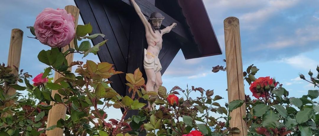 Ein Kruzifix steht auf einem Holzsockel mit Dach, umgeben von rosa Rosen und grünen Blättern. Das Kruzifix zeigt Jesus am Kreuz, mit blauem Himmel und Wolken im Hintergrund.