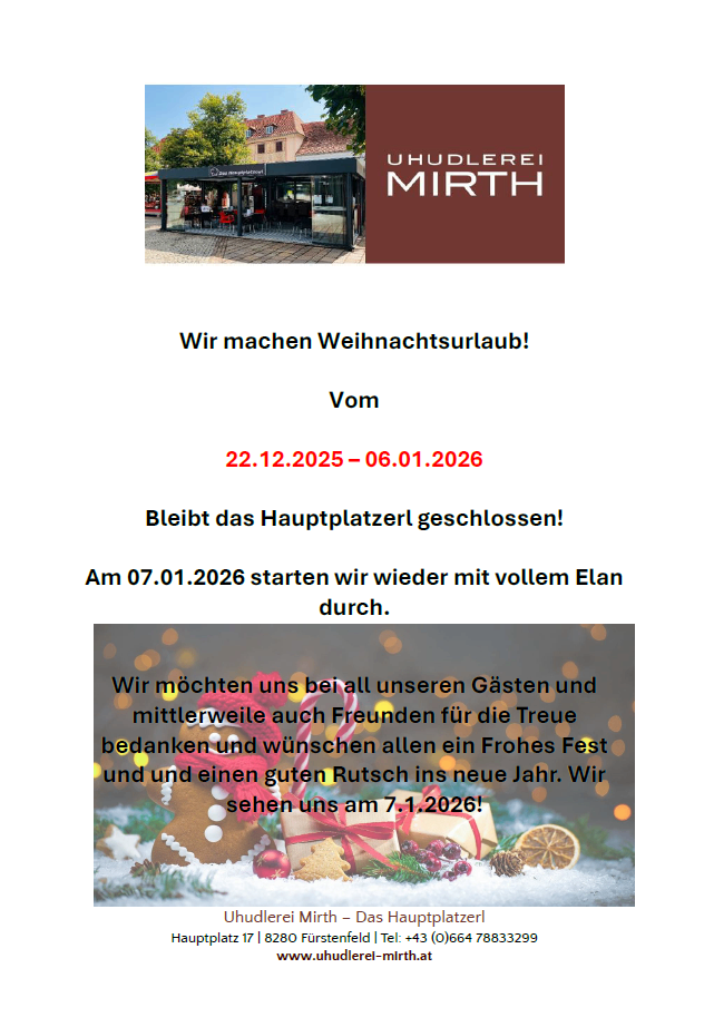 Das Bild zeigt eine Restaurant-Ankündigung für den Weihnachtsurlaub. Es ist vom 22.12.2025 bis 06.01.2026 geschlossen. Es öffnet am 07.01.2026 wieder. Das Bild hat einen festlichen Hintergrund.