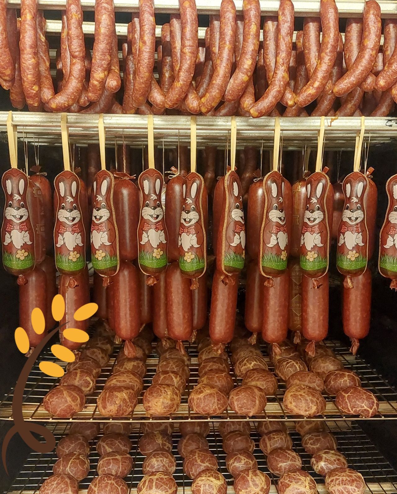 Eine Auswahl an Wurststücken, einige in Hasenkasing und andere in goldbrauner Wursthaut, hängen an Metallregalen in einem Geschäft.