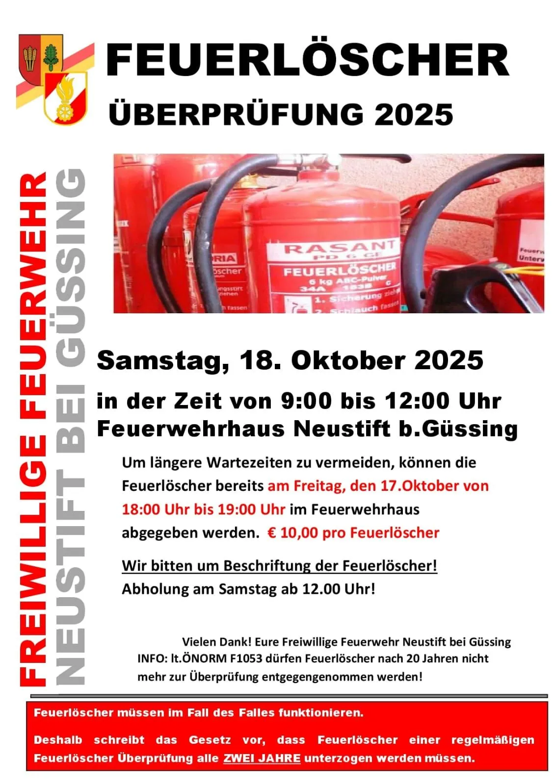 Ein Flugblatt für eine Feuerlöscherüberprüfung 2025 in Neustift bei Gussing. Die Überprüfung findet am Samstag, 18. Oktober, von 9:00 bis 12:00 Uhr statt. Feuerlöscher können am Freitag, 17. Oktober, von 18:00 bis 19:00 Uhr abgegeben werden.
