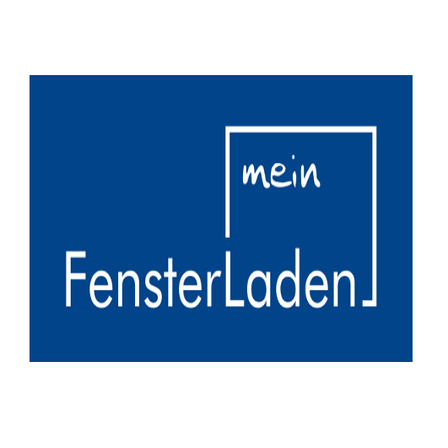 Blaues quadratisches Logo mit 'mein FensterLaden' in weissem Text. 'mein' ist in einem weissen Kasten. Das Logo ist auf blauem Hintergrund.