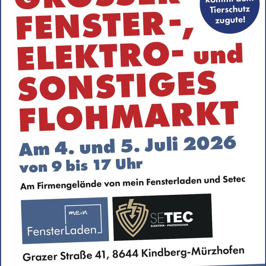 Eine Werbung für einen großen Flohmarkt am 4. und 5. Juli 2026 mit verschiedenen Artikeln wie Fenster, Elektro und andere Waren. Veranstaltet von mein Fensterladen und Setec.