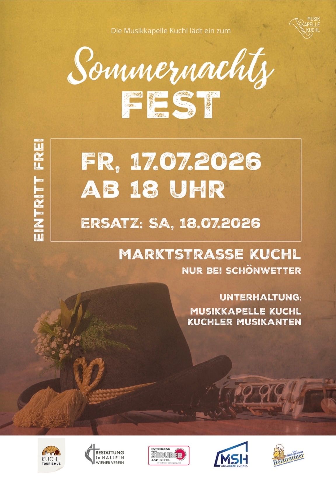 Poster for the Sommersonnenfest event on July 17, 2026, starting at 6 PM, with a backup date of July 18, 2026. The event is held on Marktstrasse Kuchl, only in good weather. Entertainment includes Kuchl Musikkapelle and Kuchler Musikanten.