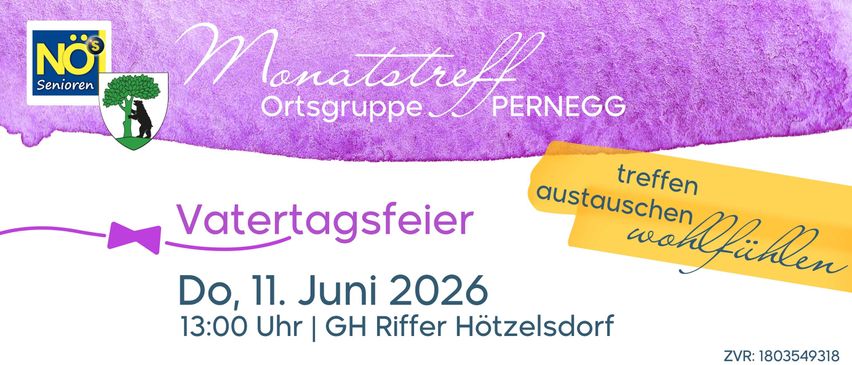Ein Plakat für Monattreff Pernego Ortsgruppe mit einem violetten Hintergrund und weißen Text kündigt einen Tag der offenen Tür am 11. Juni 2026 um 13:00 Uhr bei GH Riffer Hotzelsdorf an.
